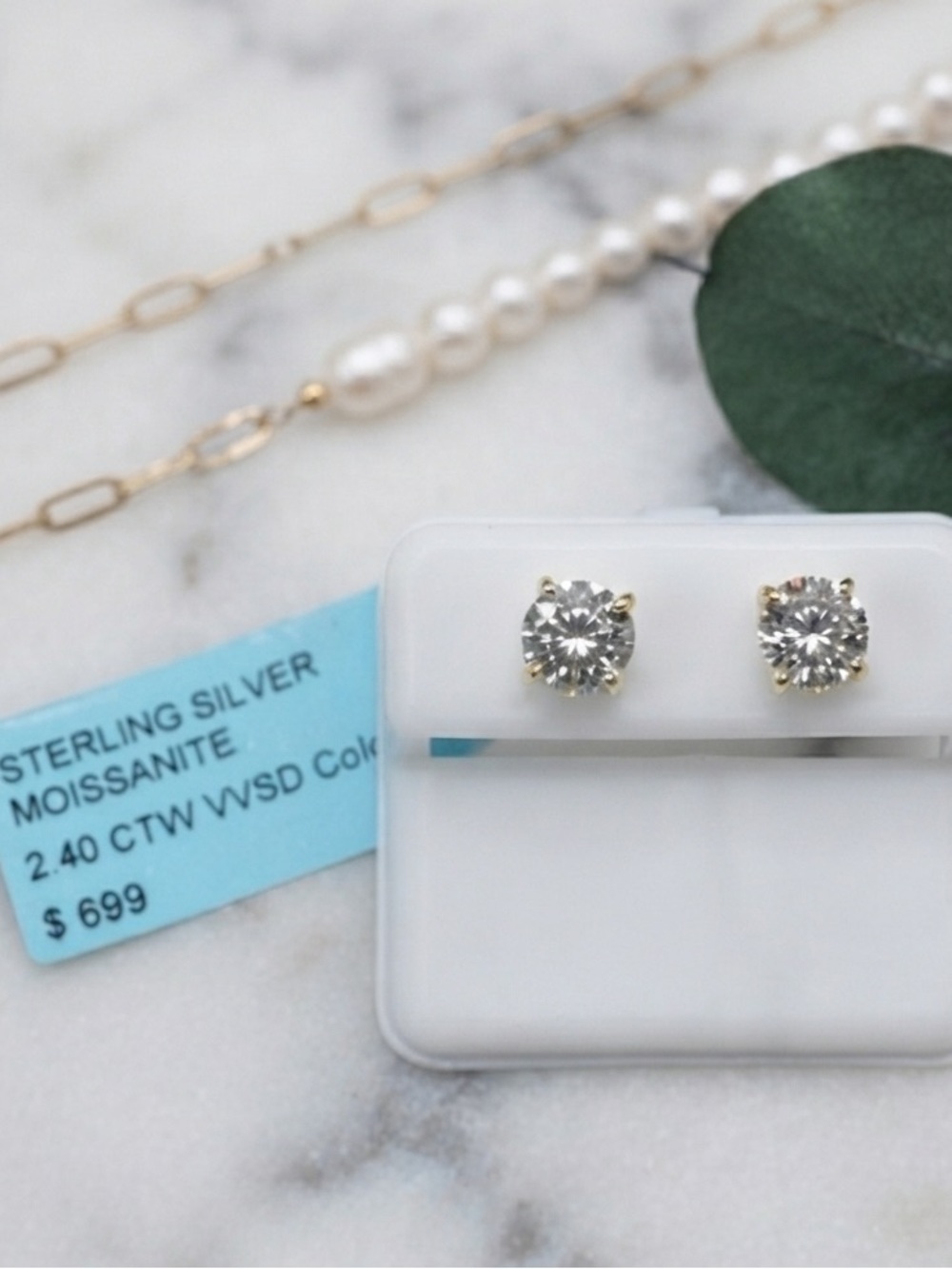 NWT White Moissanite Sterling Silver Round Cut Studs in Gold-Tone 2.40 CTW - Picture 3 of 4